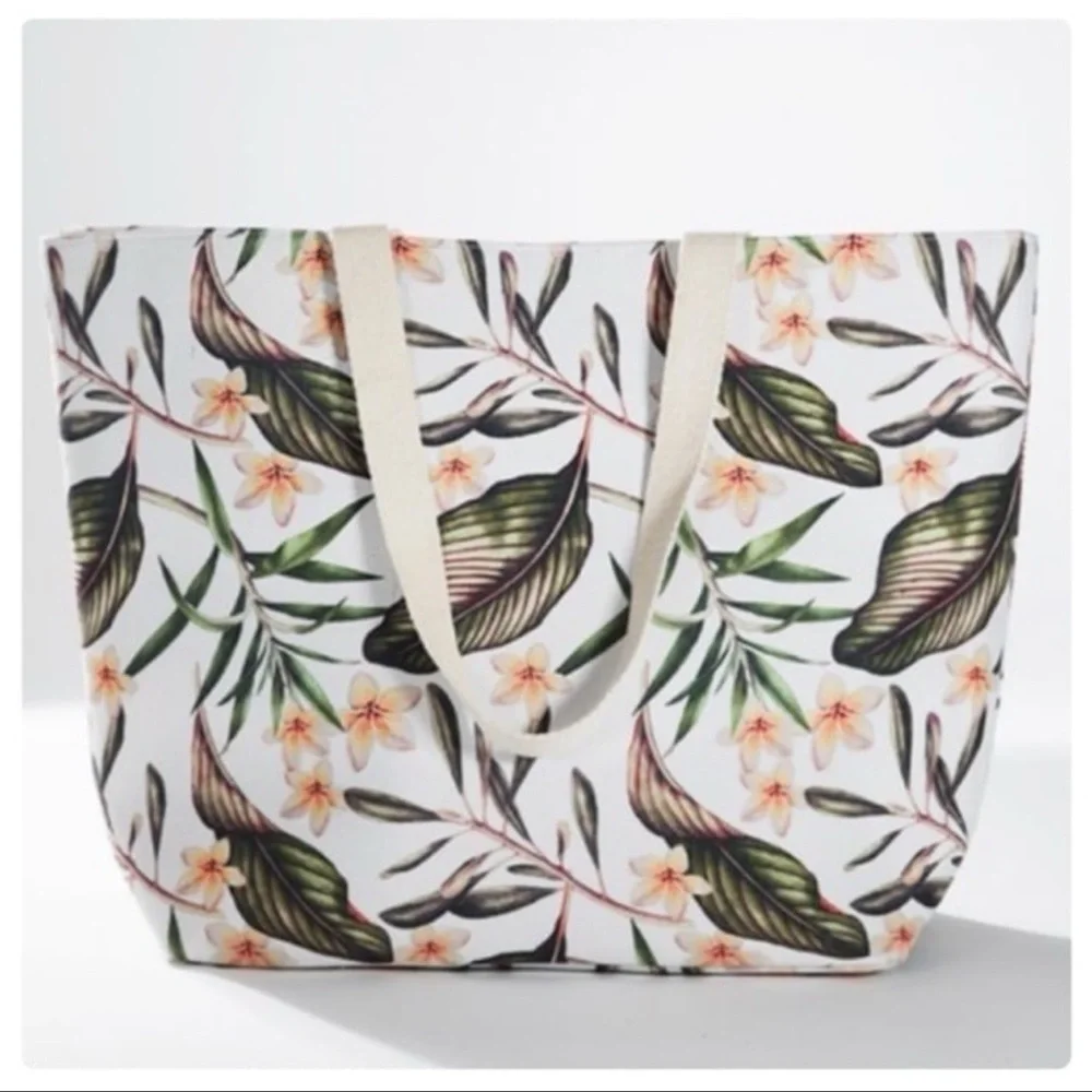 New Ruggine Tropical Leaf And Floral Print Large Beach Tote, Laptop Tote Bag
